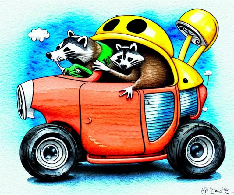 Image similar to cute and funny, racoon wearing a helmet riding in a tiny hot rod with oversized engine, ratfink style by ed roth, centered award winning watercolor pen illustration, isometric illustration by chihiro iwasaki, edited by watercolor girl, tiny details by artgerm, symmetrically isometrically centered