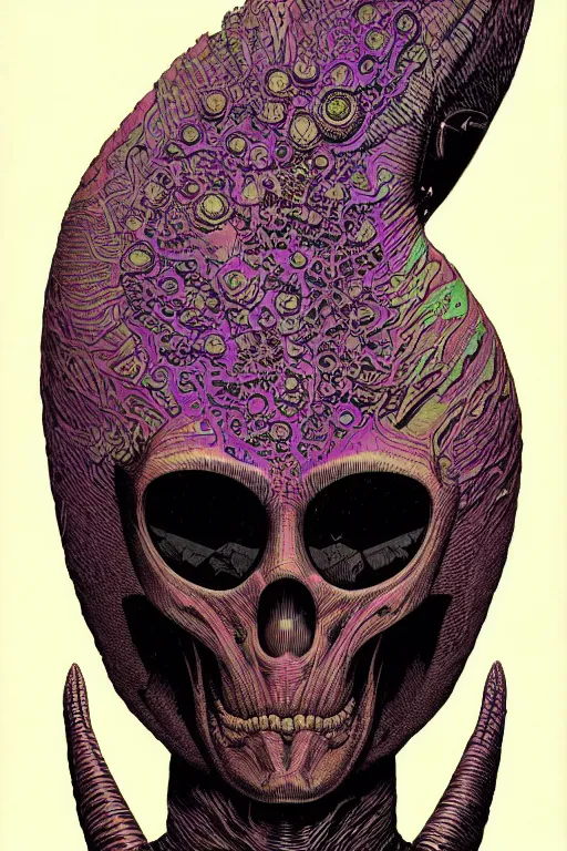 Image similar to portrait of black and psychedelic grainshading print by moebius, richard corben, wayne barlowe, cyberpunk comic cover art, psychedelic triangular skeleton, very intricate, thick outline, full body, symmetrical face, long black crown, in a shapes background, galactic dark colors