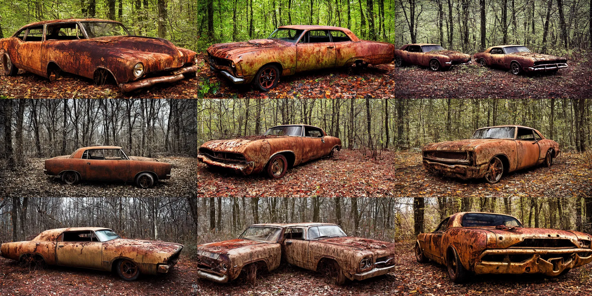 Prompt: photograph ( rusted ) muscle car in the woods