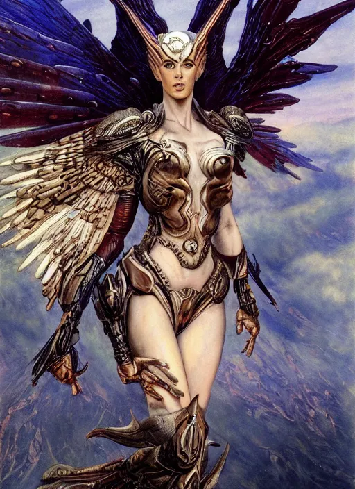 Image similar to biblical diabolical beautiful female valkyree android, on a pegasus, jump, heavy eyes to the side, closeup, bright glowing veins, in clouds, rain, sunset, portrait, by gerald brom, by mikhail vrubel, by peter elson, muted colors, extreme detail, reflections, trending on artstation, 8 k