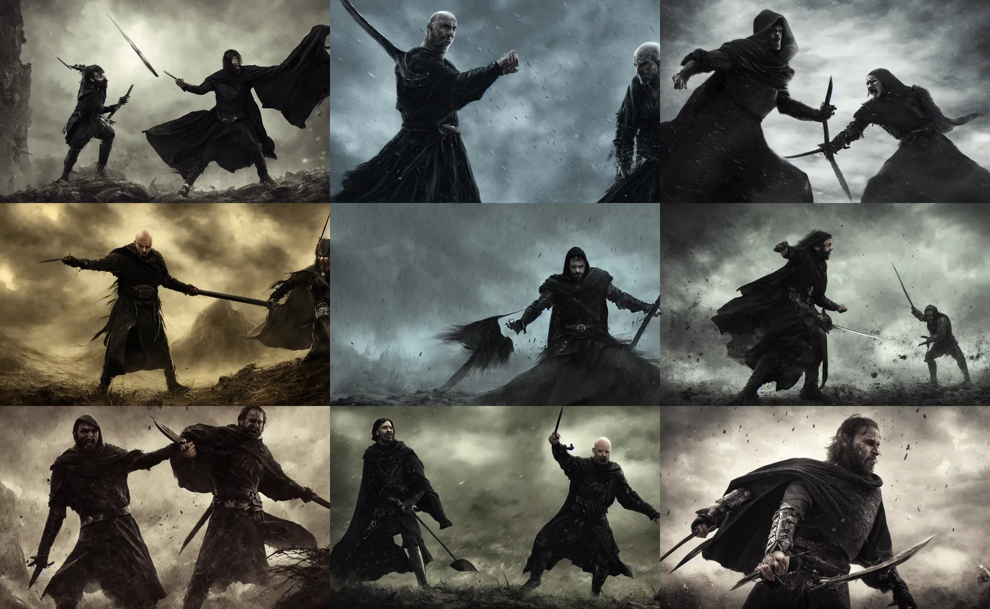 Prompt: cinematic artwork of balding man in his late 4 0 s with black colored eyes and wearing a black cloak, fighting in battle against an army of warriors by greg rutowski, 4 k, fantasy, masterpiece
