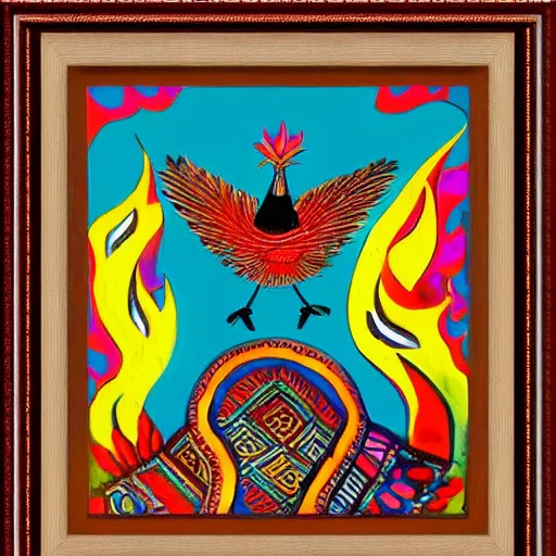 Prompt: a bird rising above the flames, mexican folk art, framed art, intricate abstract, award winning