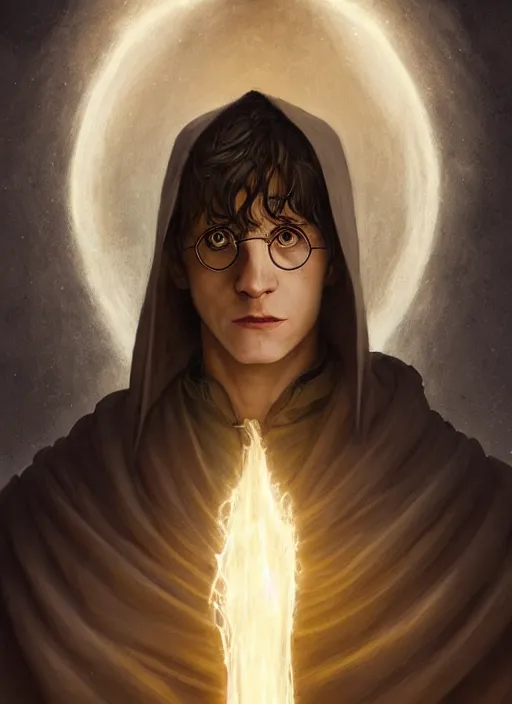 Image similar to Portrait of Harry Potter, white glowing eyes, cloak, ethereal wings, male, fantasy, extremely detailed, digital painting, artstation, concept art, smooth, sharp focus, illustration, stunning lighting, art by artgerm and greg rutkowski and alphonse mucha and simon stalenhag, realistic character concept, high fantasy, light atmosphere, golden ratio, cinematic lighting, hyperdetailed, high resolution, insanely detailed and intricate, artstation, Marc Simonetti, Greg Rutkowski, 8k
