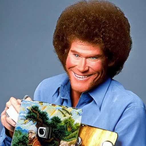 Prompt: Bob Ross is painting a picture of David Hasselhoff laughing, with lots of chest hair, carrying a big carp, riding a beer bike into the Berlin Wall. 80s videotape look