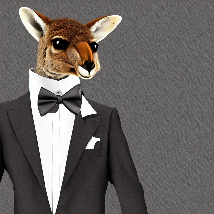 Prompt: spy kangaroo, in a strict suit with bowtie, avatar image, digital art, minimalism