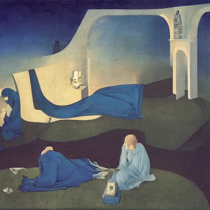 Prompt: obituary for a blue alchemist at dawn. painting by uccello paolo, agnes pelton, paul delvaux