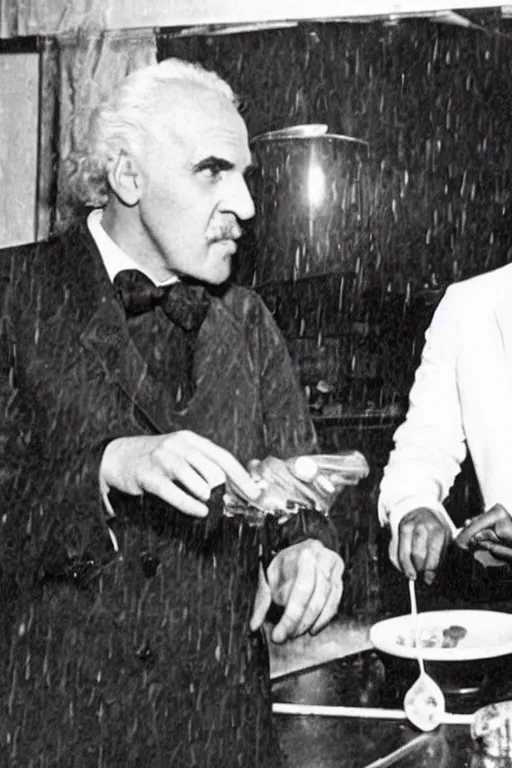 Prompt: arturo tuscanini and dr dre working on a rap song, making spaghetti, lifelike, in a rain storm