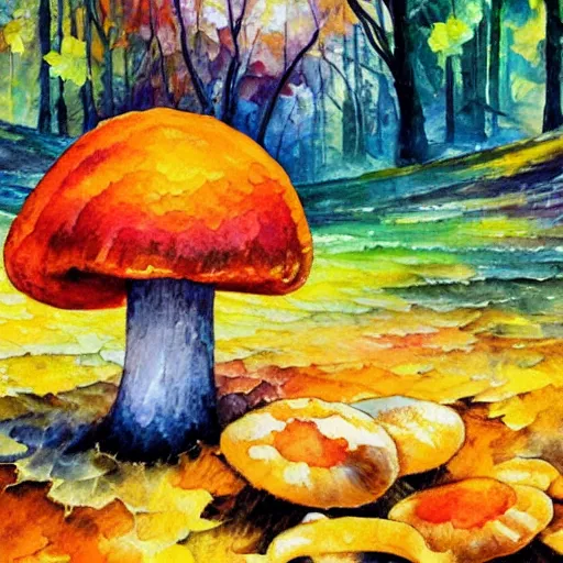 Prompt: A watercolor painting by Afremov of a psychedelic orange and blue mushroom growing on the ground in the middle of a forest.