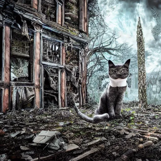 Image similar to a cat living in a post apocalyptic world, ruines, lush trees and beautiful gardens, remnants of the old civilization that once lived, highly detailed photograph.