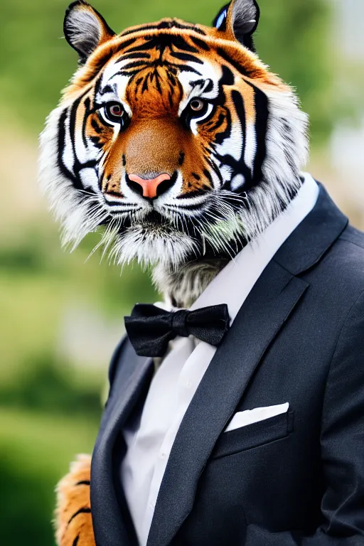 Image similar to high quality portrait photo of an tiger dressed in a dark business suit and tie, Anthropomorphic, photography 4k, f1.8 bokeh, 4k, 85mm lens, sharp eyes, looking at camera