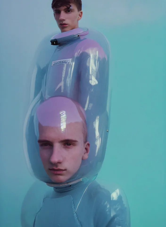 Image similar to high quality pastel coloured film portrait photograph of one beautiful young 2 0 year old male, soft features, short hair, wearing perspex space suit and oversized inflated clothing!! icelandic black rock pool environment. atmospheric three point light. photographic. art directed. ( pastel colours ). volumetric. clearcoat. waves. 8 k. filmic.