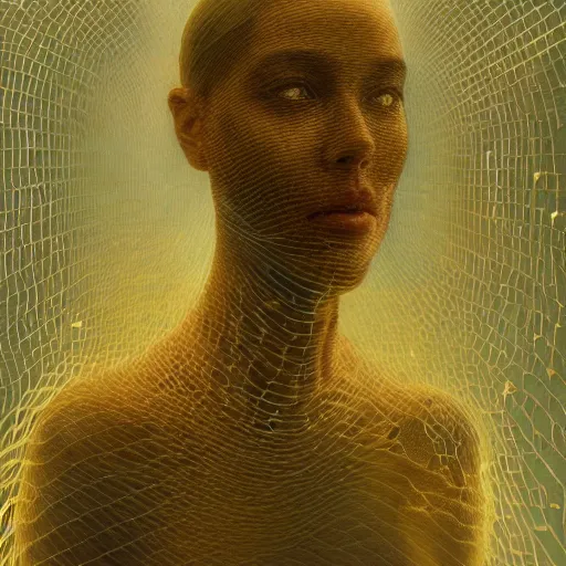 Prompt: portrait of a woman, covered in transparent cloth, plastic, glowing eyes, flat background, Masterpiece, glowing, wires everywhere, by Edgar Maxence and Ross Tran, Zdzisław Beksiński, and Michael Whelan, distant, gustav dore, H.R. Giger, 8k, octane render