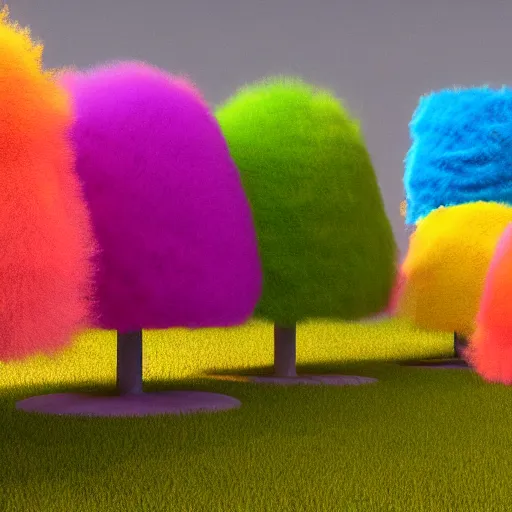 Image similar to Colorful fluffy trees made of fur in a field, Cinema4D render, volumetric lighting