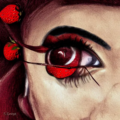 Prompt: eyes made of strawberries, digital art.