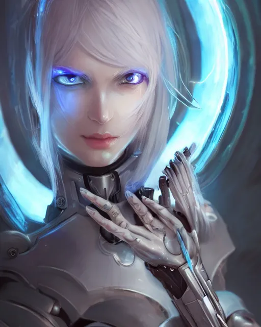 Image similar to holy cyborg necromancer girl, elegant, perfect face, scifi, futuristic, utopia, garden, illustration, atmosphere, warframe, blue eyes, white hair, focused, artstation, nier automata, highly detailed, art by yuhong ding and chengwei pan and serafleur and ina wong