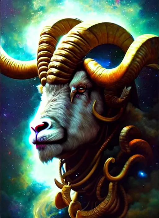 Prompt: aries the ram!!!! highly detailed, high contrast, light reflection, trippy, nebula, trending on art station by artgem, by peter mohrbacher, by wlop, by ruan jia
