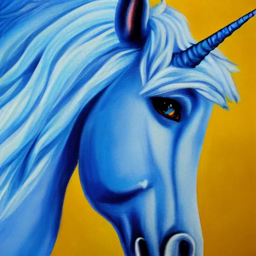 Image similar to a blue unicorn painting a self portrait, high details, 4 k, sharp fucos