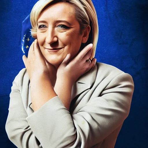 Image similar to Portrait of Marine Le Pen, french flag, amazing splashscreen artwork, splash art, head slightly tilted, natural light, elegant, intricate, fantasy, atmospheric lighting, cinematic, matte painting