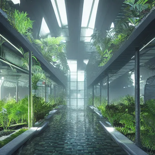 Prompt: dark cyberpunk futuristic greenhouse apartments in a tropical forest setting. dusty moody lighting. rain is falling down a central hole in the interior of the building into a pool. architectural concepts inspired by dune 2 0 4 9, 8 k, photorealism