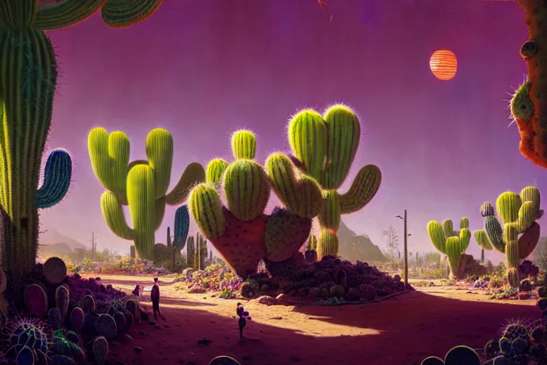 Prompt: a solarpunk cactus garden by simon stalenhag and hubert robert and zacharias aagaard and gillis rombouts and samuel beal, hyperrealism!, purple sand, orange rocks, chiaroscuro!!!!, tonalism!, desaturation, high contrast, vibrant!, highly detailed, volumetric light