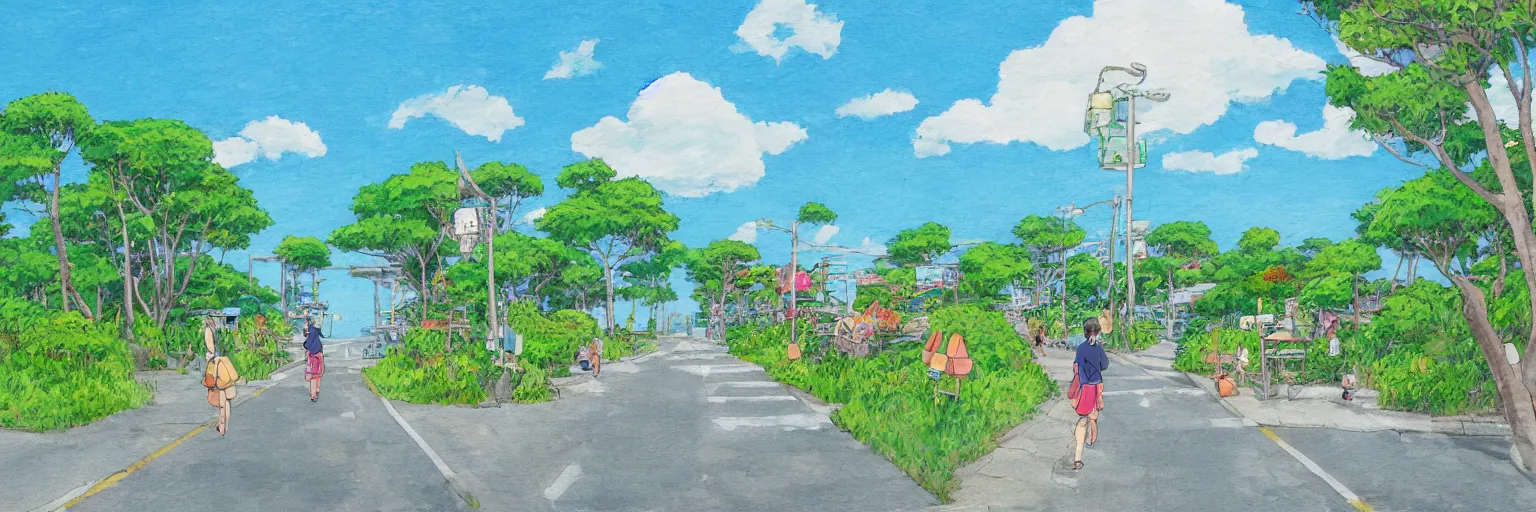 Image similar to summer street near a beach, studio ghibli style