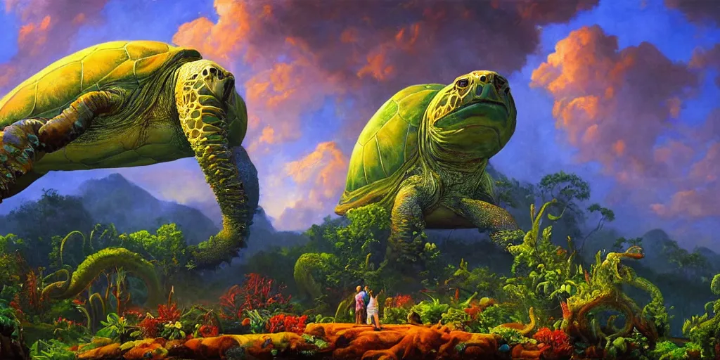 Image similar to fantasy oil painting, great leviathan, turtle cephalopod terrapin reptilian pachyderm amphibian hybrid, epic natural light, lush plants flowers, rainforest mountains, bright clouds, luminous sky, outer worlds, dynamic lighting, michael cheval, edward hopper, michael whelan, vray, 8 k hd