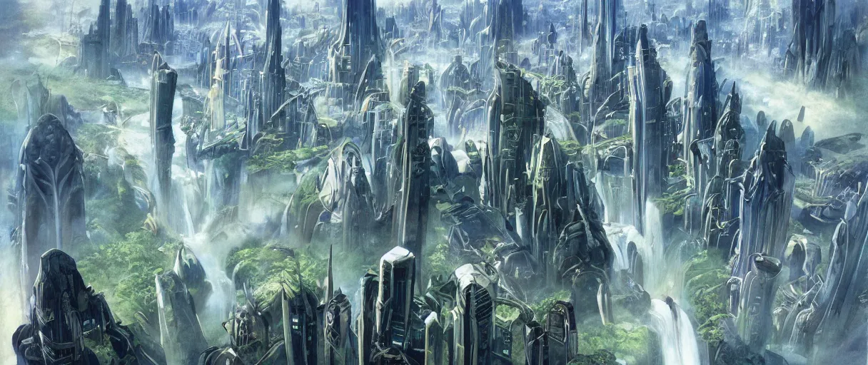 Image similar to A beautiful illustration of a futuristic city built across a world of waterfalls by Robert McCall and Ralph McQuarrie | sparth:.2 | Time white:.2 | Rodney Matthews:.2 | Graphic Novel, Visual Novel, Colored Pencil, Comic Book:.6 | unreal engine:.3 | | viewed from above | establishing shot:.7