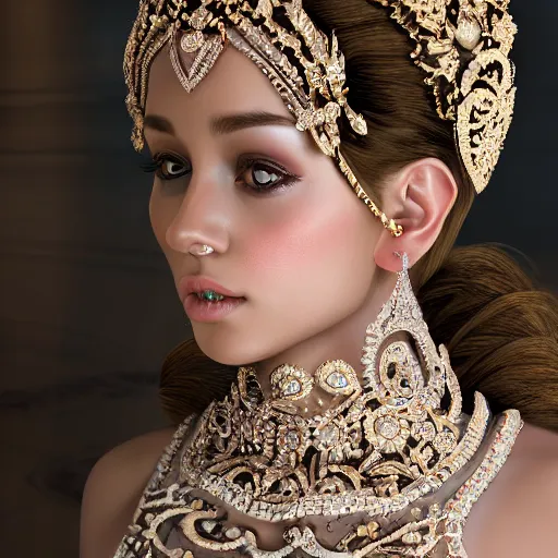 Image similar to portrait of pretty princess with perfect skin, glowing, ornate and intricate diamond jewelry, jaw dropping beauty, ornate and intricate backdrop, white accent lighting, hyper detailed, 4 k octane render