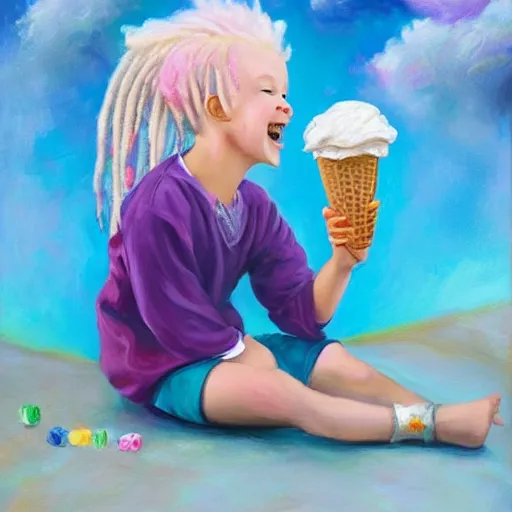 Image similar to a happy little albino girl with blonde dreads eating ice cream smiling, sitting ontop of a rainbow, high quality, detailed oil painting