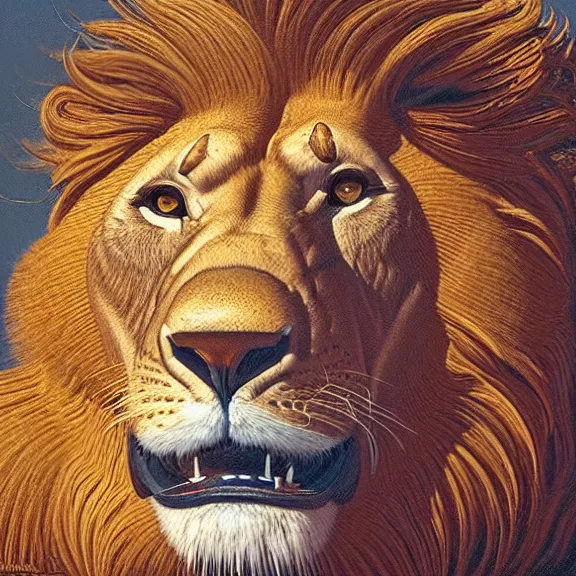 Prompt: a perfectly centered symmetrical portrait of a biomechanical lion, conceptual sculpture, intricate detail, volumetric shadows and lighting, realistic oil painting by tim hildebrandt,