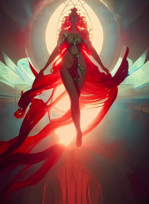 Prompt: the goddess hera looking angry, paper dress, volumetric lights, red and cyan theme, futuristic, intricate, highly detailed, digital painting, artstation, concept art, smooth, sharp focus, symmetric face, illustration, art by artgerm and greg rutkowski and alphonse mucha