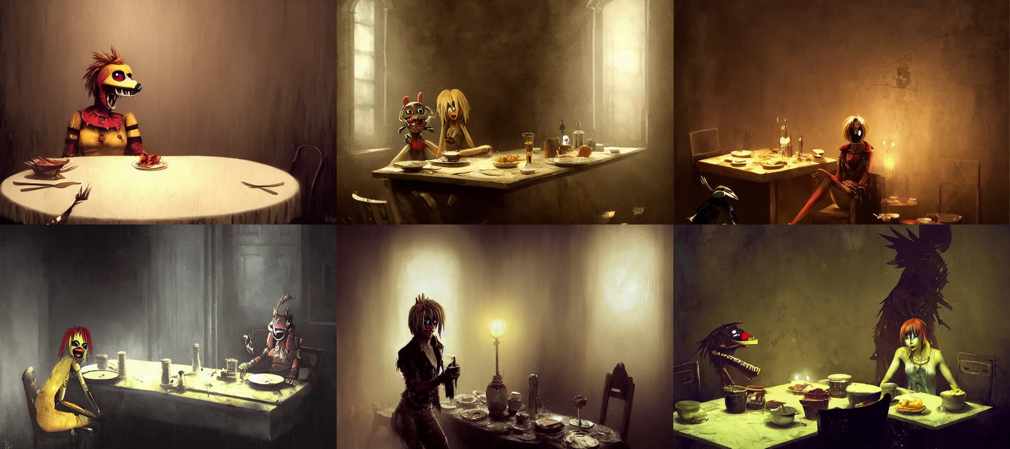 Prompt: glamrock chica fnaf silent hill eating dinner at a table in the backrooms happiness is temporary by greg rutkowski