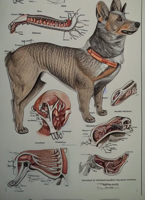 Prompt: vintage medical anatomical illustration of a corgi ( 1 9 8 4 ), highly detailed, labels, intricate writing