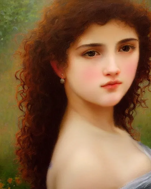 Prompt: beautiful glorious realistic oil painting of a girl, short black curly hair, bokeh, in the style of bouguereau, sunset, highly detailed and photorealistic, 8 k high detail and intricate