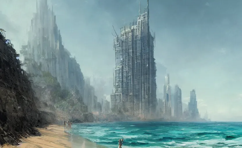 Prompt: An imposing skyscraper rising from the ocean, a fantasy digital painting by Greg Rutkowski and James Gurney, trending on Artstation, highly detailed, high resolution