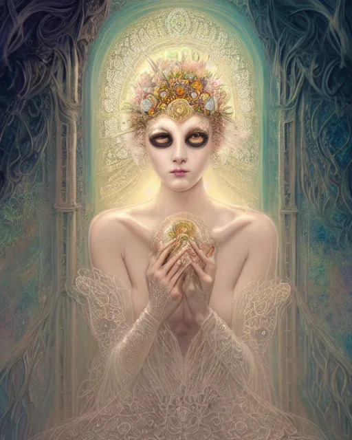 Image similar to beautiful ethereal maiden in a ivory masquerade mask intricate ornate fractal-lace and gemstones, wearing stunning ivory dress, pastel color palette, full view, soft lighting, vivid, Hyperdetailed, 4k hd matte painting by Artgerm, Greg Rutkowski, Klimt, James Jean, 8k resolution, enchanting and otherworldly, Artstation, rendered in octane, Hyperdetailed, front view