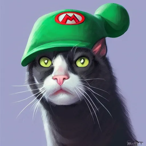 Image similar to Front Portrait of a Cat wearing a Super Mario hat, kawaii aesthetic, nintendo, highly detailed, digital painting, artstation, concept art, smooth, sharp focus, illustration, art by artgerm and greg rutkowski and alphonse mucha