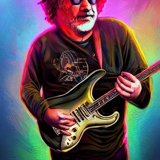 Image similar to a Jerry Garcia guitarist playing so intensely there is electricity shooting out from his guitar, energy beams under his finger tips, and magic sparkles from the freboard, amazing ditial art, trending on artstation, featured on deviantart