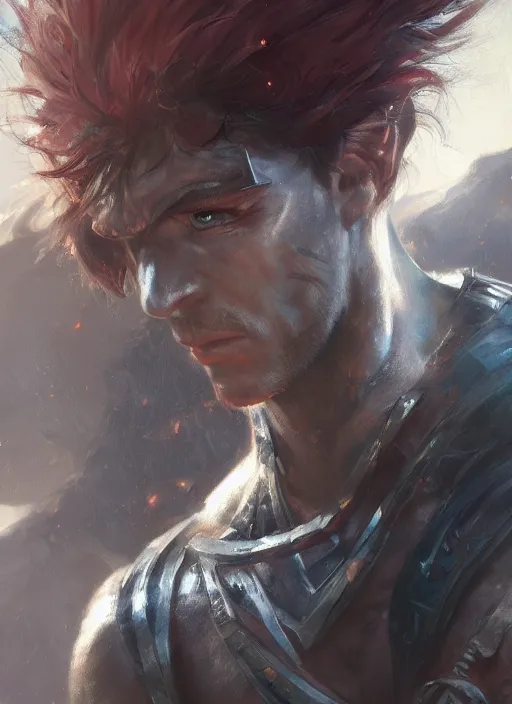 Prompt: Oil painting of a male human warrior, fantasy character art, close up, portrait, D&D, Magic The Gathering, by Charlie Bowater, Craig Mullins, centered, symmetrical, 8k, sharp focus
