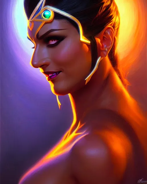 Image similar to symmetra from overwatch, fantasy, fantasy art, fantasy, colorful, elegant, character portrait, portrait, close up, highly detailed, intricate detail, amazing detail, sharp focus, vintage fantasy art, vintage sci - fi art, radiant light, caustics, by boris vallejo