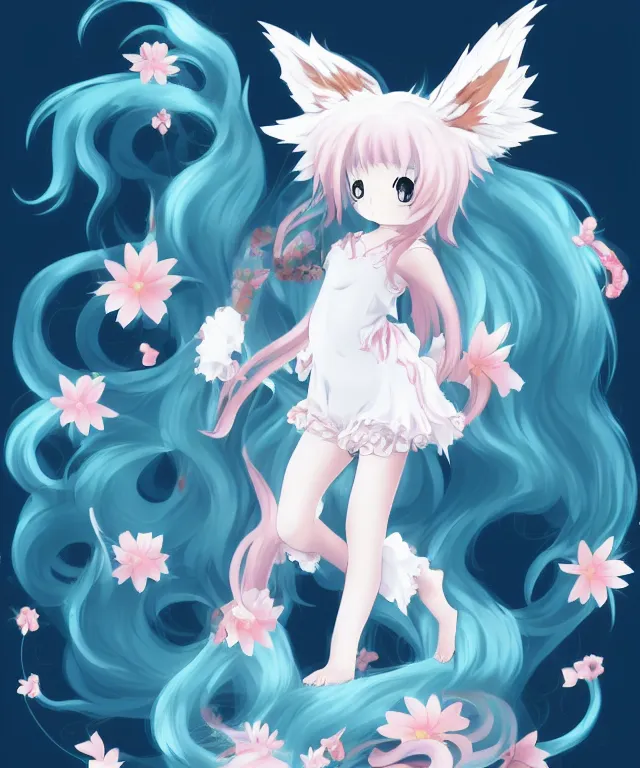 Image similar to full body cute adorable young anime kitsune with white curly hair, style of neytrix