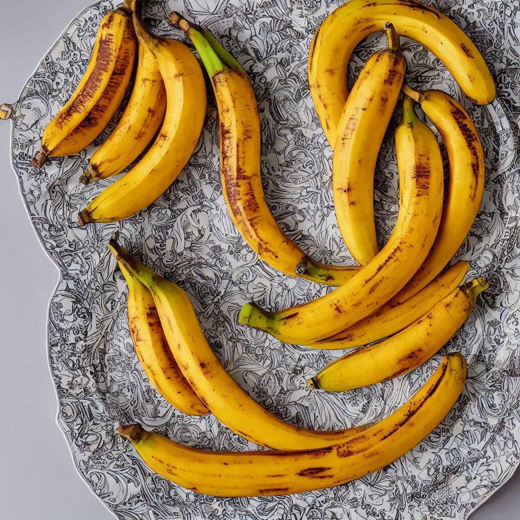 Prompt: very long roasted bananas with cut orange slices, on art nouveau embroidered designer plate with flowery pattern closeup, hyper real, food photography, high quality