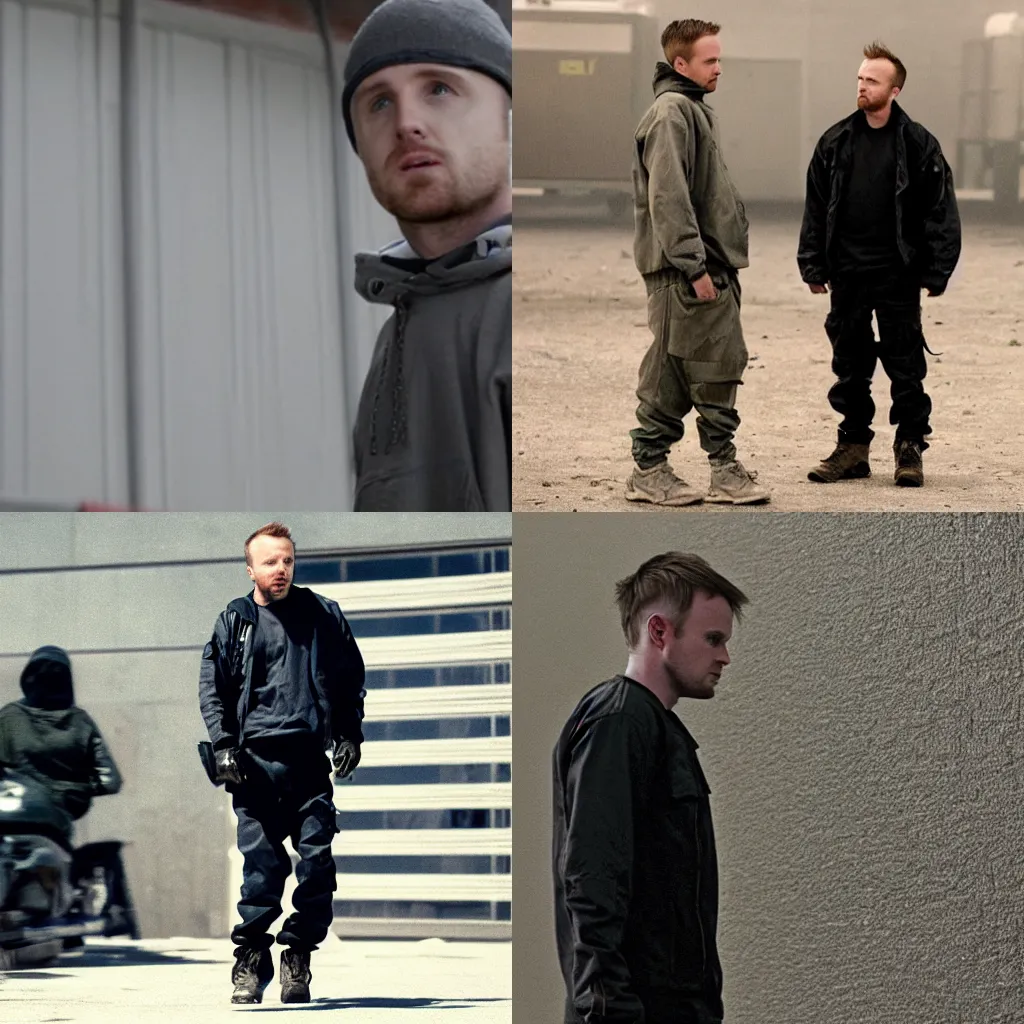 Prompt: Jesse Pinkman wearing male techwear fashion, film still,