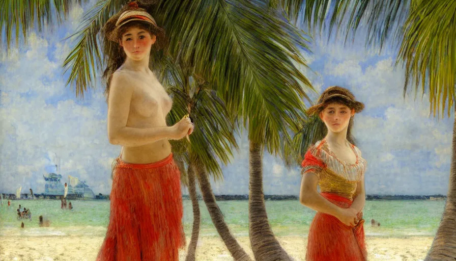 Image similar to a ultradetailed beautiful painting of a girl in the amazonas palace designed by jules bastien - lepage, hans belmer, frank weston and gustave baumann, beach, trending on artstation, mediterranean, palm trees, light sparkles, sharp focus, soft light, 8 k 4 k