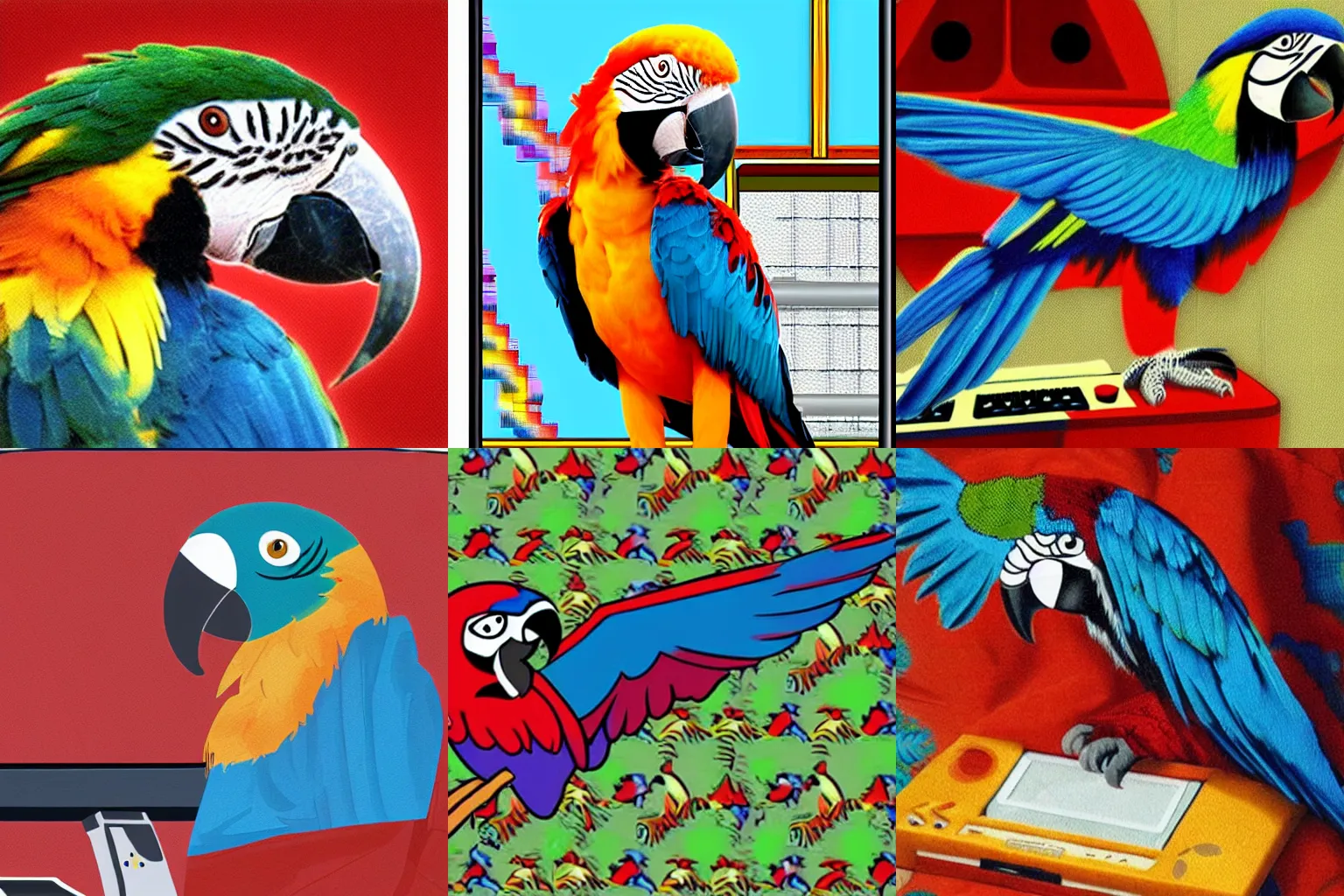 Prompt: macaw wearing a blanket, playing retro video games on a personal computer