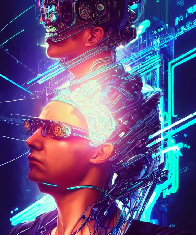Image similar to a man wearing netrunner clothing, extremely detailed face, cyberpunk, cybernetic, cyborg, vaporwave aesthetic, synthwave, flowing hair, colorful, psychedelic, intricate, elegant, highly detailed, digital painting, artstation, concept art, smooth, sharp focus, illustration, art by artgerm and greg rutkowski and alphonse mucha