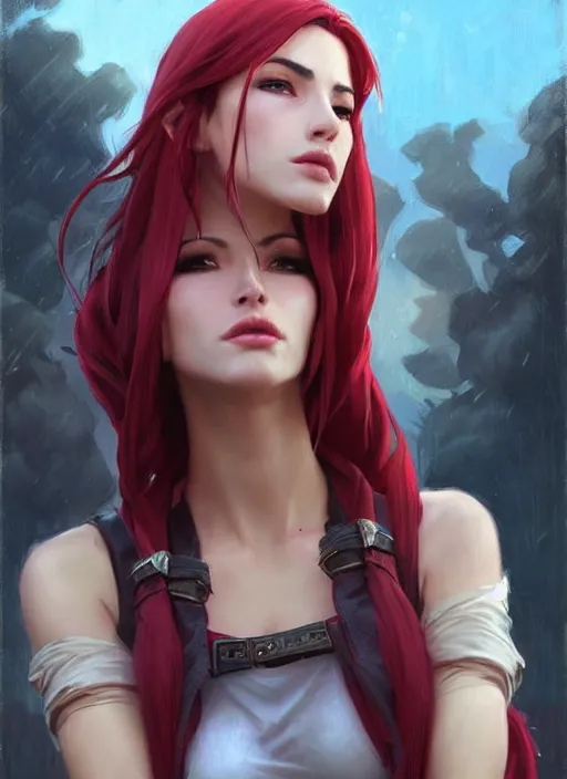 Image similar to portrait of Katarina from League of Legends in casual wear, countryside, fantasy character portrait, dynamic pose, above view, view from above, sunny day, thunder clouds in the sky, artwork by Jeremy Lipkin and Giuseppe Dangelico Pino and Michael Garmash and Rob Rey, very coherent symmetrical artwork, perfect face, simple form, 100mm