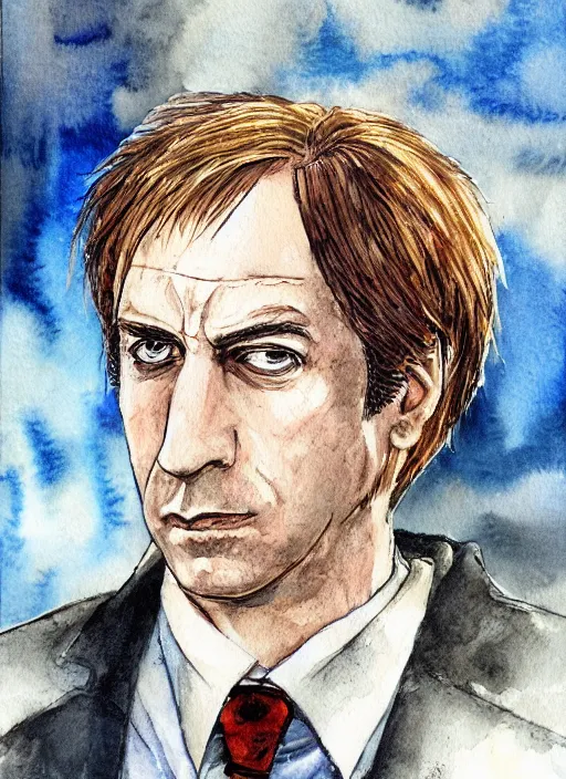 Prompt: water color portrait of saul goodman in the style of yoshitaka amano, final fantasy cover
