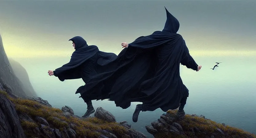 Prompt: handsome mage running away from giant condor, black hair wearing square hooded gothic navy cloak with gold details, misty cliffside, movie action still frame, ultra wide horizon, intricate, elegant, highly detailed, hyperrealism, digital painting, concept art, smooth, sharp, focus, illustration, art by artgerm, greg rutkowski, ilya kuvshinov