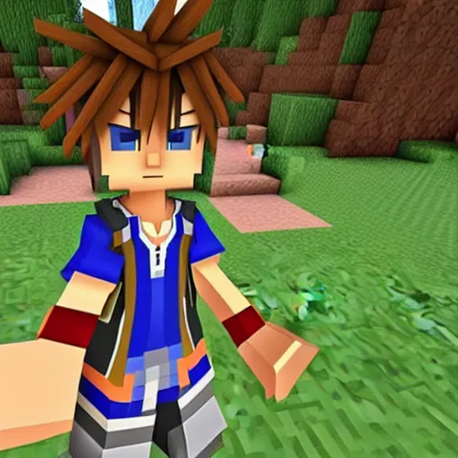 Image similar to sora, from kingdom hearts, as a reinterpretation made by minecraft